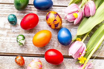 Obraz na płótnie Canvas colorful Easter eggs and tulips on a white background