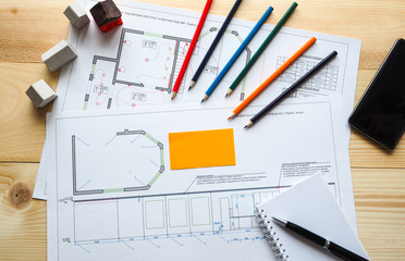 Business cards on the background of an architectural project.