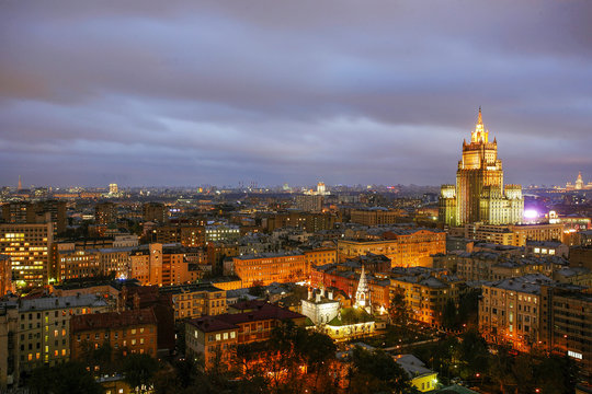 Evening Aerial   View  to   Moscow  near  "Novui Arbat"   street 