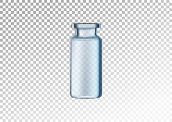 Vector realistic glass bottle. Cosmetic vials for oil, liquid essential, collagen serum. Vector illustration isolated on white-transparent background. In blue color.