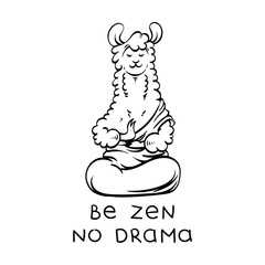 Cute meditating furry llama. Vector cartoon illustration on a white background with motivational lettering. © Drekhann