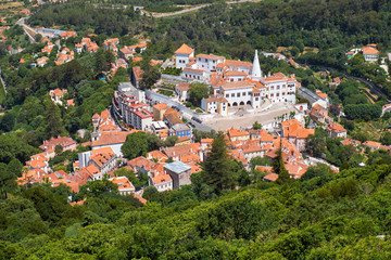 Fototapeta premium Bird's-eye view on Palace of Sintra as seen from the Sintra Mountains. Sintra. Portugal