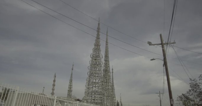 Watts Towers - Tracking Forward With Power Lines In The Foreground