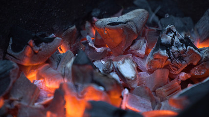 Burning charcoal.Hot coals in the fire.Fire woods and hot coal in a grill.The brazier of hot coals.Bright red hot charcoal.