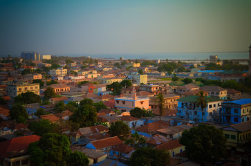 Aerial panorama view to city of Banjul and Gambia river