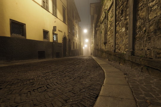 Streetscape Of Bergamo In The Night