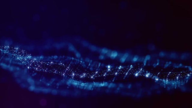 Virtual space with depth of field. Looped holographic blue background as microcosm or nano world. Seamless footage with particles form lines, surfaces, grid. Digital elements suitable for HUD. V14