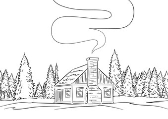 Fototapeta na wymiar Hand drawn landscape with house and pine forest. Sketch line design