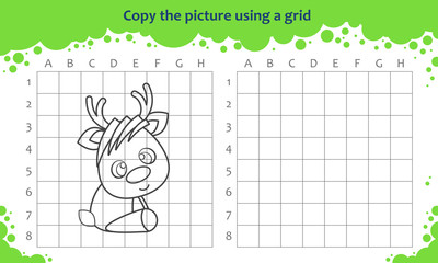 Copy the picture using a grid. Educational game for children. How to draw cute cartoon reindeer