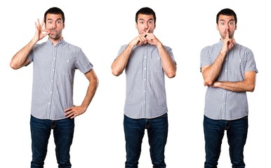 Set of Handsome man making silence gesture