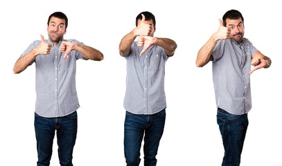 Set of Handsome man making good-bad sign