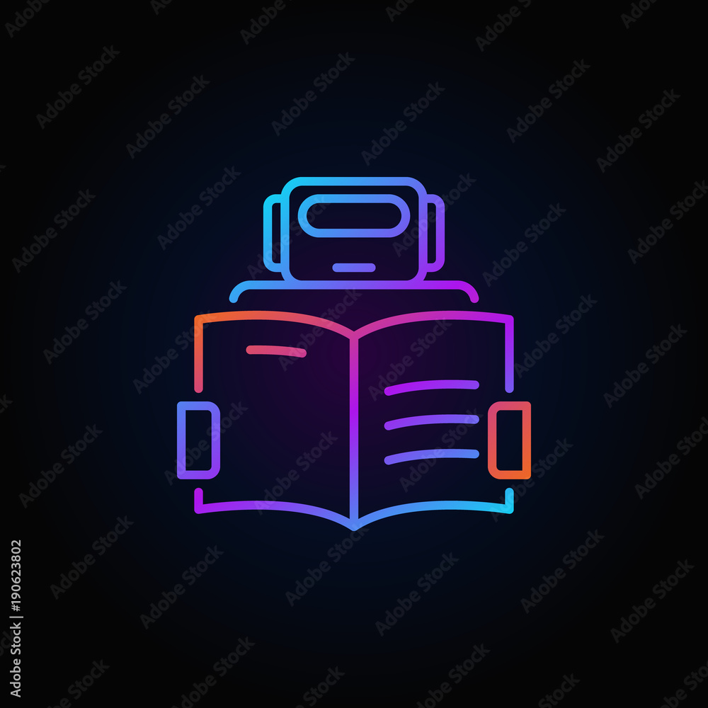 Poster robot with a book icon - vector colorful outline symbol
