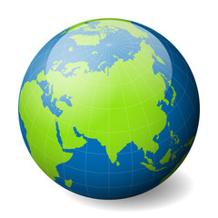Earth globe with green world map and blue seas and oceans focused on Asia. With thin white meridians and parallels. 3D glossy sphere vector illustration.