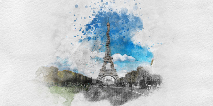 Painting with pencil sketch of the Eiffel Tower