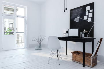 Kleines Büro in weißem Raum mit Schreibtisch und schwarzer Deko