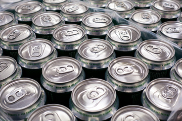 Cover alumiunum cans. Aluminum cans. Top view. Aluminum cans in the market