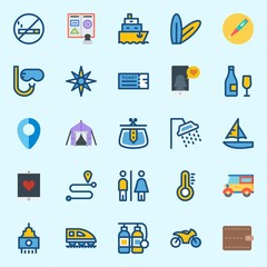 icons set about Travel. with motorbike, tent, oxygen tank, sailboat, purse and wine