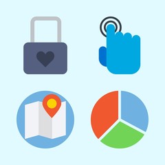 Icons set about Commerce with padlock, tap, pie chart and map