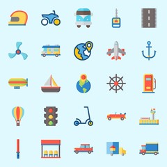 icons set about Transportation. with hot air balloon, road, zeppelin, bus stop, car key and plane