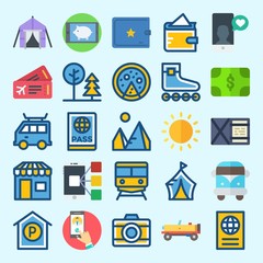icons set about Travel. with shop, sun, tent, van, pyramids and train