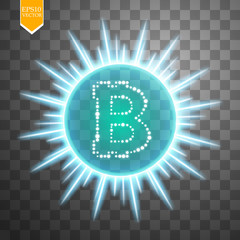 Bitcoin coin over explosion background with blue glitters stars and sparkles on transparent background