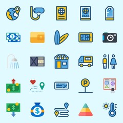 Icons set about Travel with smartphone, car, shower, money, surfboard and plane ticket