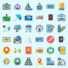 Icons about Travel with route, surfboard, passport, ticket, smartphone and photo camera