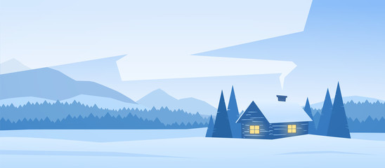Winter snowy mountains landscape with house and smoke from the chimney.