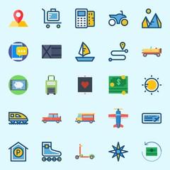 icons set about Travel. with scooter, smartphone, windrose, sailboat, suit case and location