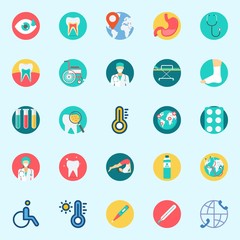 icons set about Medical. with worldwide, wheelchair, surgeon, sprain, yoga and tooth