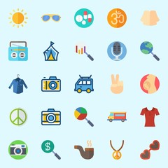 icons set about Hippies. with pills, sun, search, tent, microphone and pregnancy