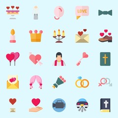 icons set about Wedding. with bible, wedding arch, crown, wedding cake, bow tie and candle