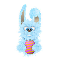Blue Easter bunny is holding painted and decorated egg. Fluffy rabbit isolated on the white background. Cartoon animal character. Easter symbol.