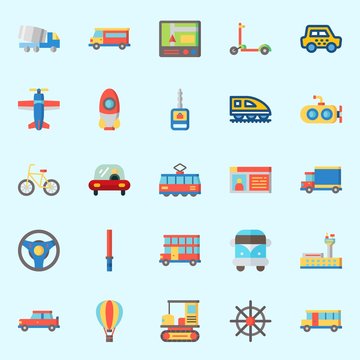 Icons set about Transportation with all terrain, bicycle, tram, submarine, train and bus