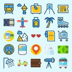 icons set about Travel. with pizza, scooter, suit case, ticket, suitcase and sunglasses