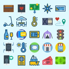 icons set about Travel. with tent, traffic light, wallet, ship, scooter and ship ticket