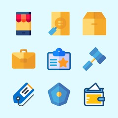 Icons about Business with suitcase, hammer, wallet, box, id card and shield