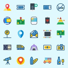 icons set about Travel. with parthole, surfboard, photo camera, money, tent and placeholder