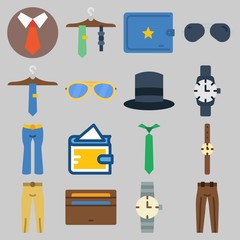 Icon set about Man Accessories with keywords trousers, wallet, top hat, tie, sunglasses and watch