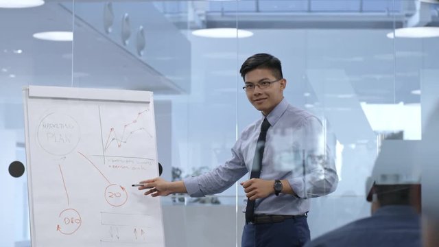 Young Asian businessman explaining scheme of marketing plan on whiteboard while giving presentation to colleagues in conference room with glass walls