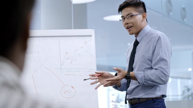 Young Asian business coach explaining scheme on whiteboard and talking with office workers while giving presentation in meeting room