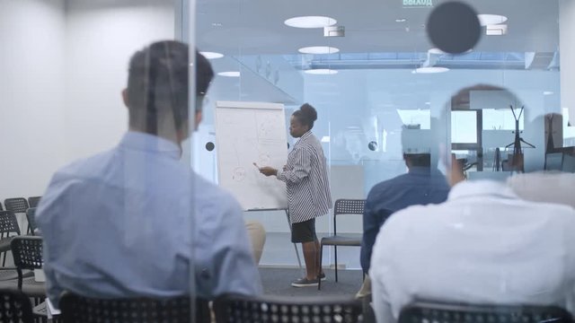 Experienced African-American businesswoman giving presentation to colleagues in modern meeting room with glass walls