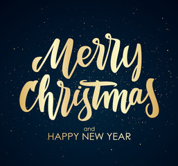 Merry Christmas and Happy New Year. Golden elegant type lettering.