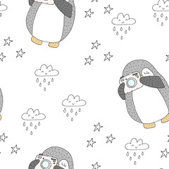 Seamless pattern with cute penguins. Hand-drawn illustration. Vector.