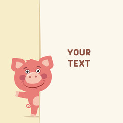 Funny pig looks out over the fields to text. Template with pig for cards, invitations or greetings