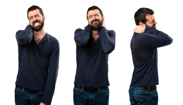 Set of Handsome man with beard with neck pain