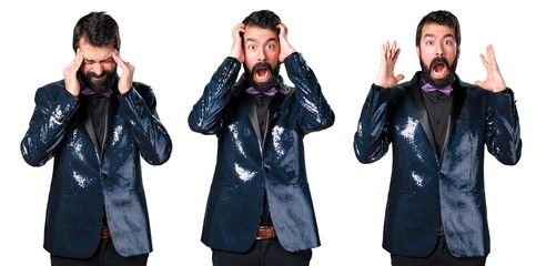Frustrated handsome man with sequin jacket