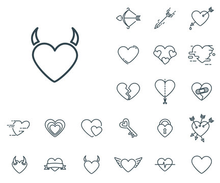 Devil Heart icon in set on the white background. Set of thin, linear and modern hearts icons. Universal linear icons to use in web and mobile app.