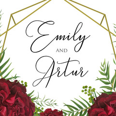 Wedding floral watercolor invite save the date card design with red garden rose, palm tree leaves, green berry, elegant herbal greenery & golden geometrical frame. Vector natural modern style template