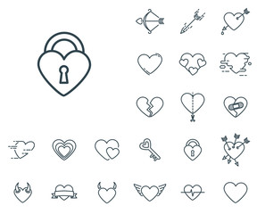 Padlock icon in set on the white background. Set of thin, linear and modern hearts icons. Universal linear icons to use in web and mobile app.